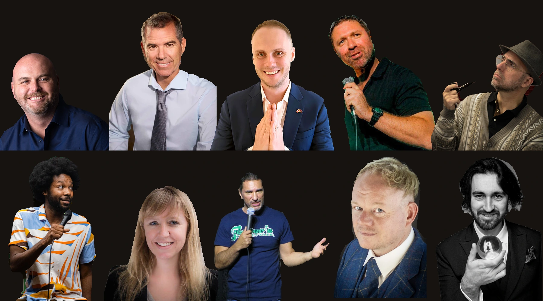 Composite group portrait of Brian Aylward, Graham Elwood, Justin St. Dennis, Wes Dalton, Jake Iannarino, Cappuccino Brown, Christy Inhulsen, Richard Schultis, Ian Harvey Stone and Thomas de Bernede