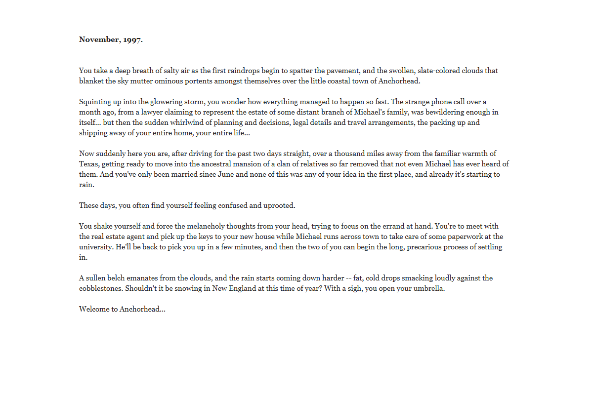The opening text of Anchorhead in its browser interpreter