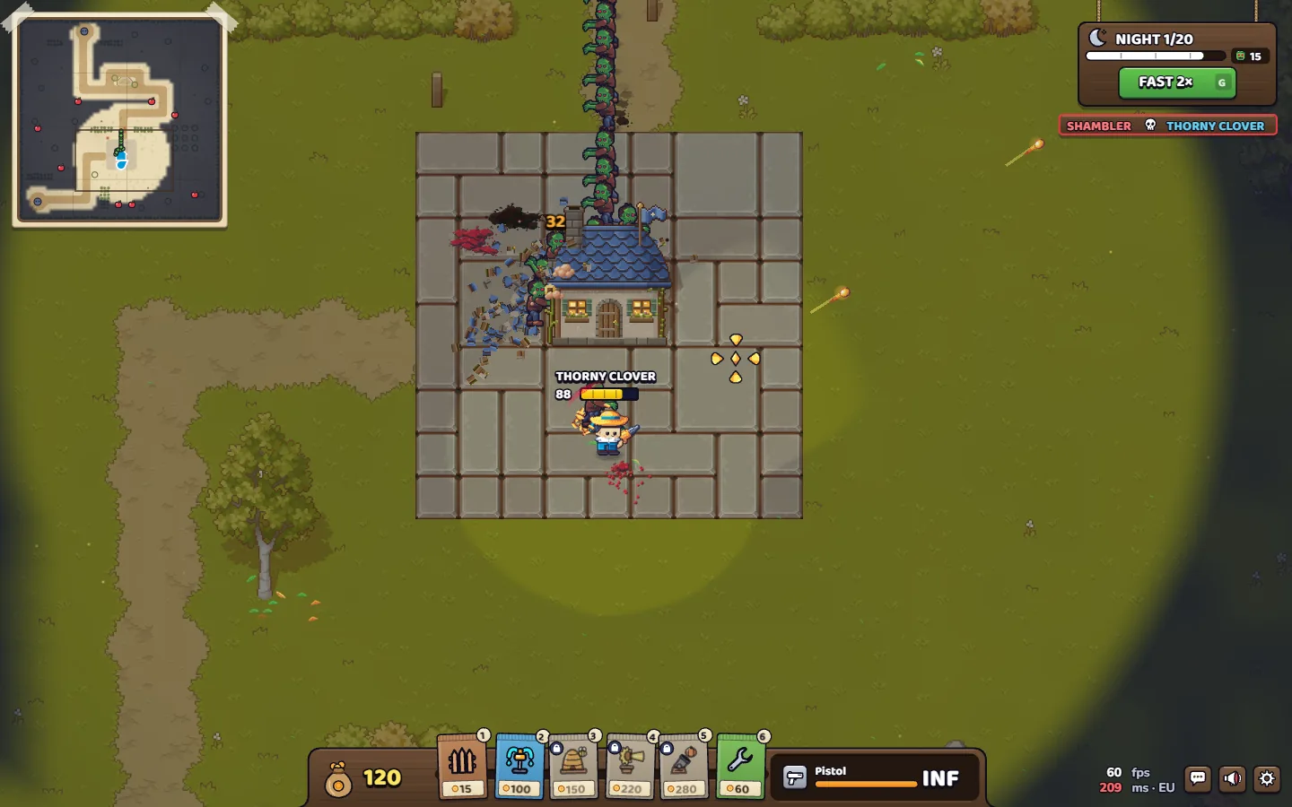 A Garden Wars Zombie Nights round at night, with a line of zombies reaching the cottage roof while the gardener shoots from the garden