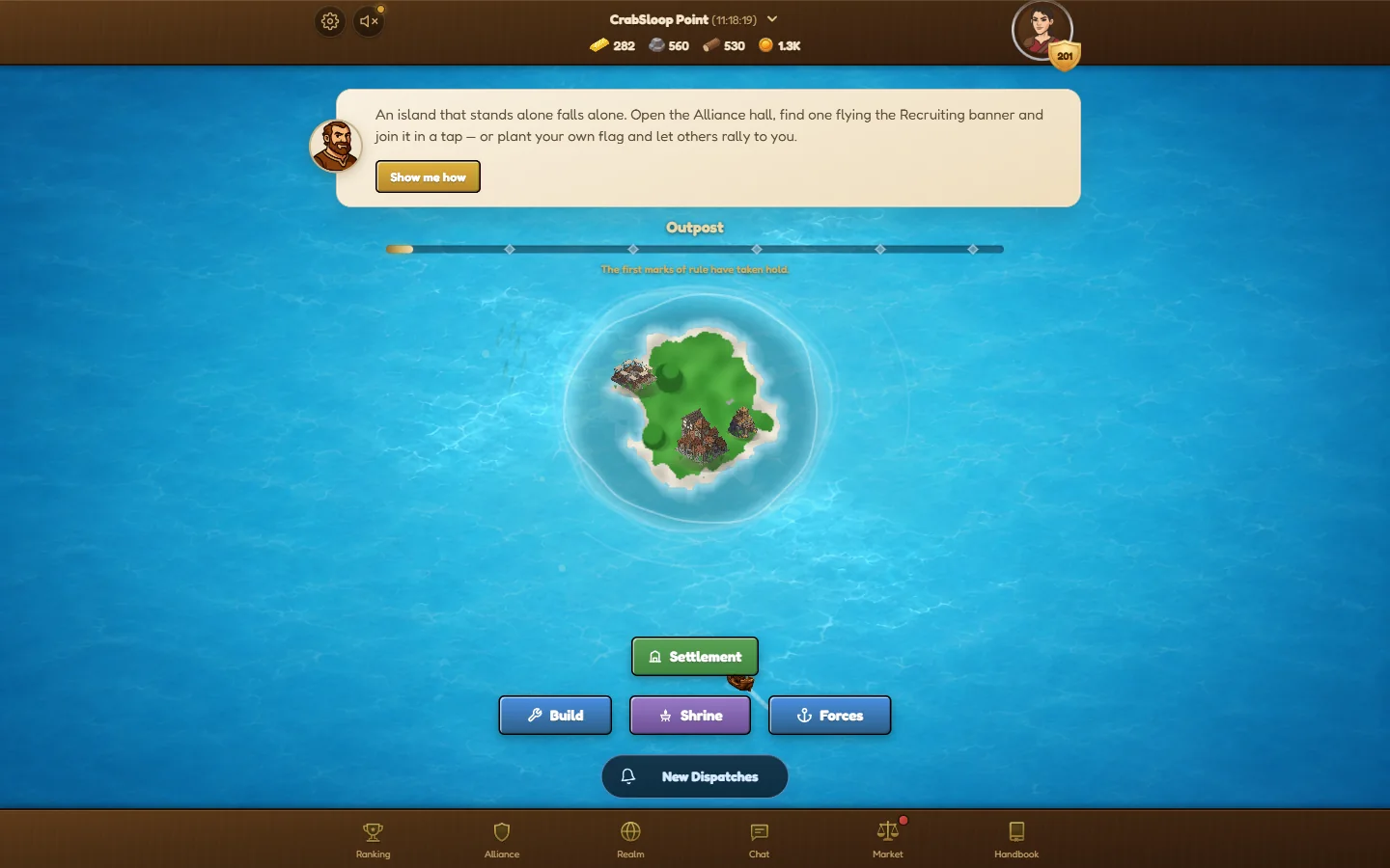 Inselnova desktop gameplay showing a new island outpost and its building controls