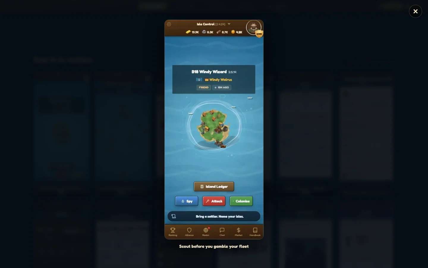 Inselnova's island scouting screen with options to spy, attack or colonise