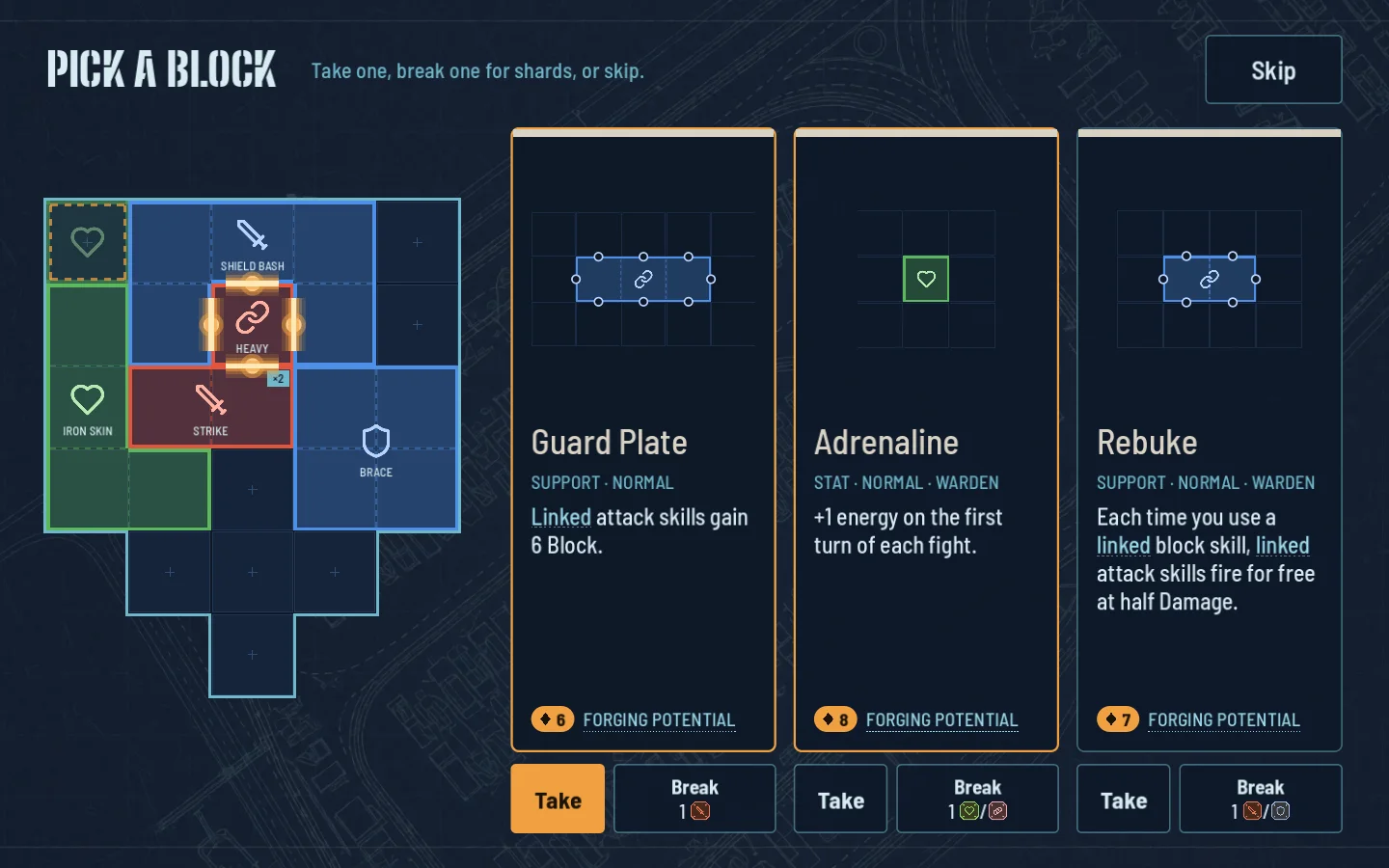 Scrapfit's Pick a Block screen offering Guard Plate, Adrenaline and Rebuke beside the player's board