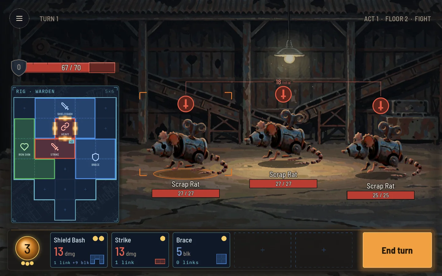 A Scrapfit fight on turn one, with the Warden's block board beside three Scrap Rats