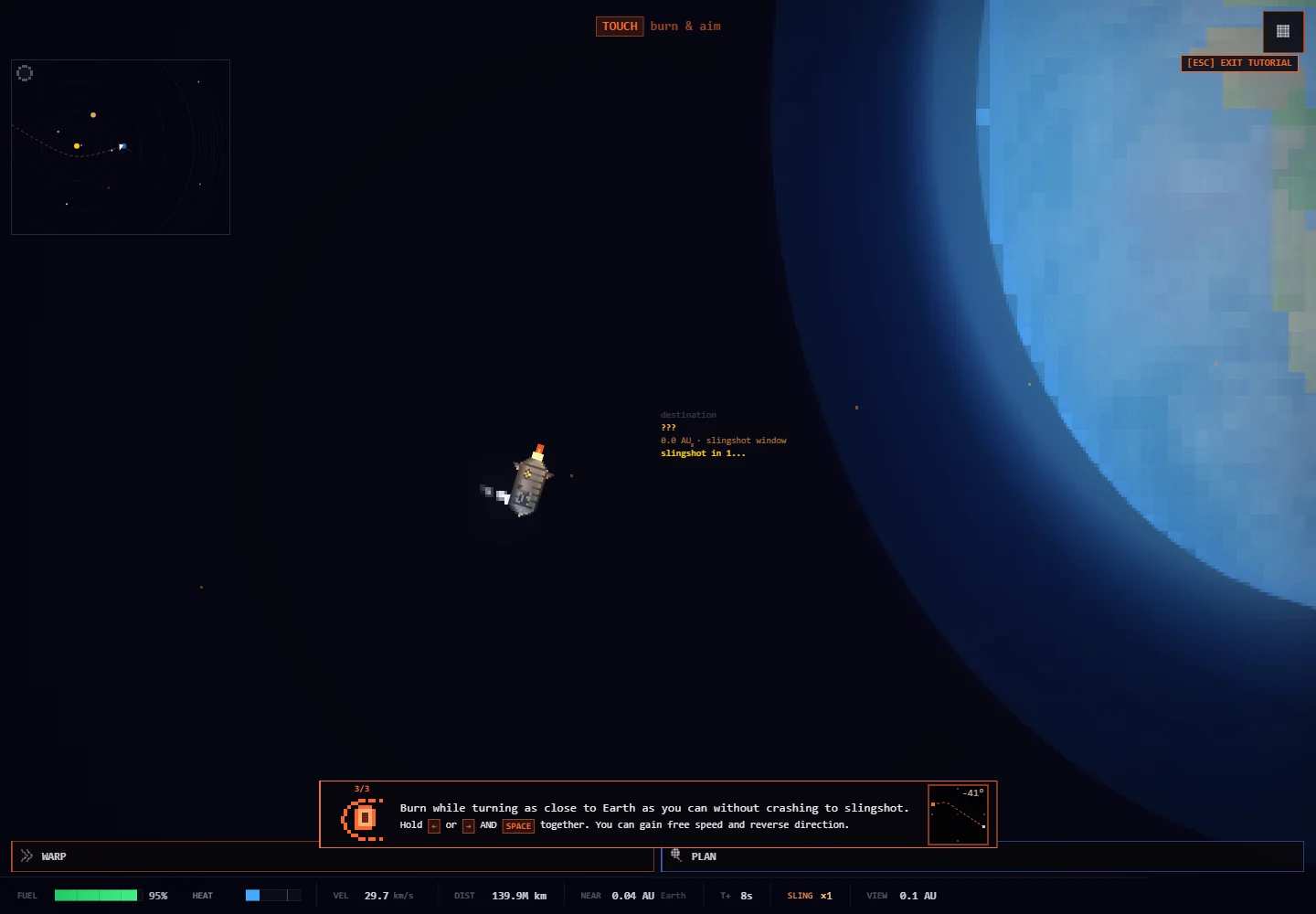 The Slingshot tutorial showing a spacecraft approaching Earth