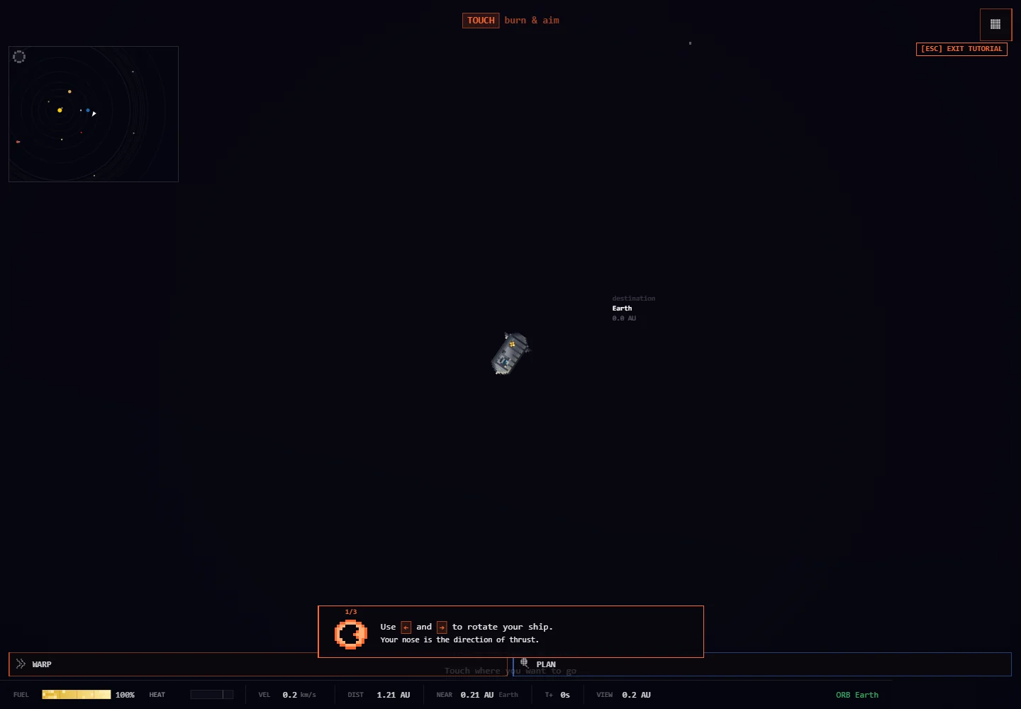 The Slingshot tutorial showing a spacecraft approaching Earth