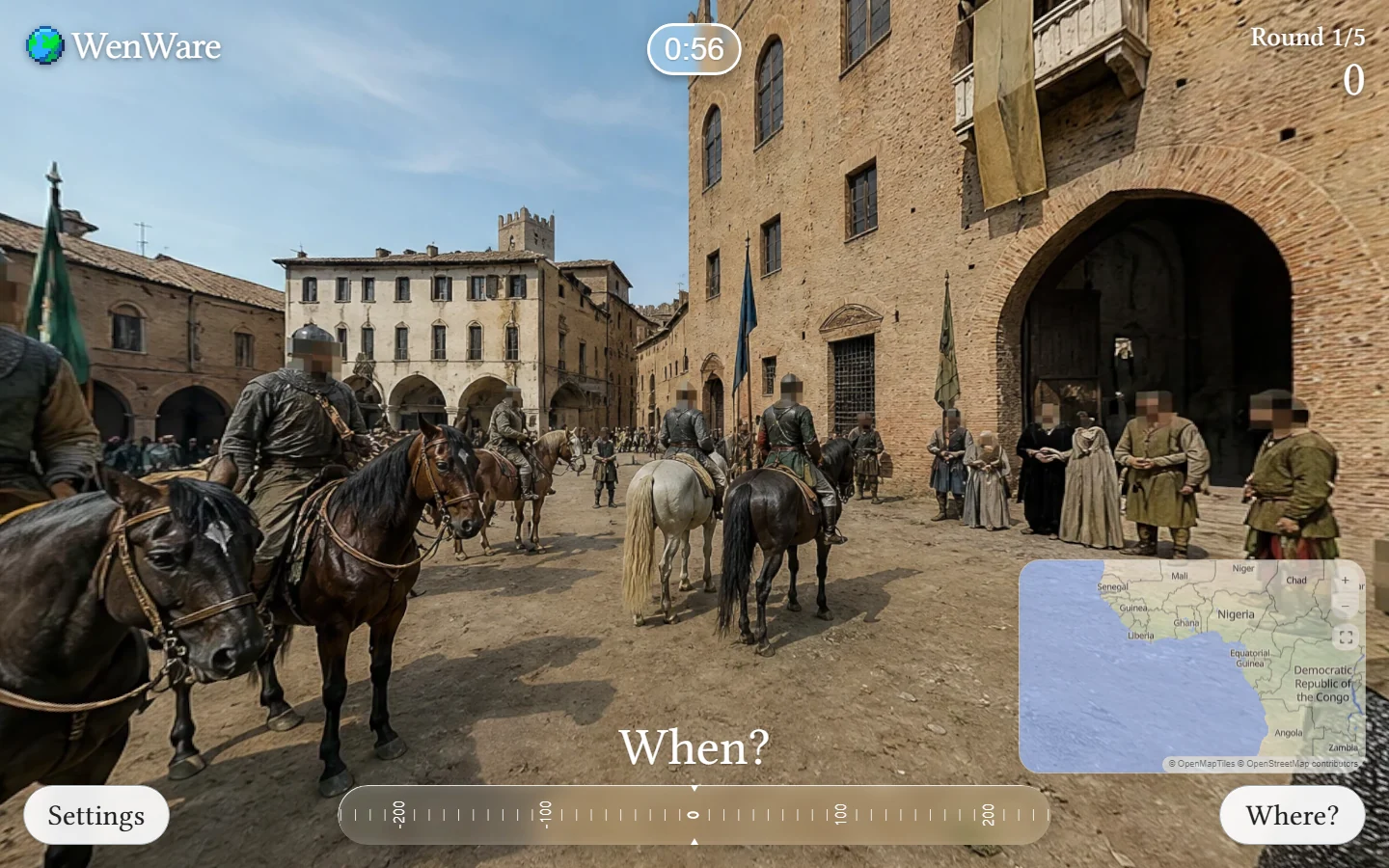 A medieval WenWare scene with the location map and historical timeline open