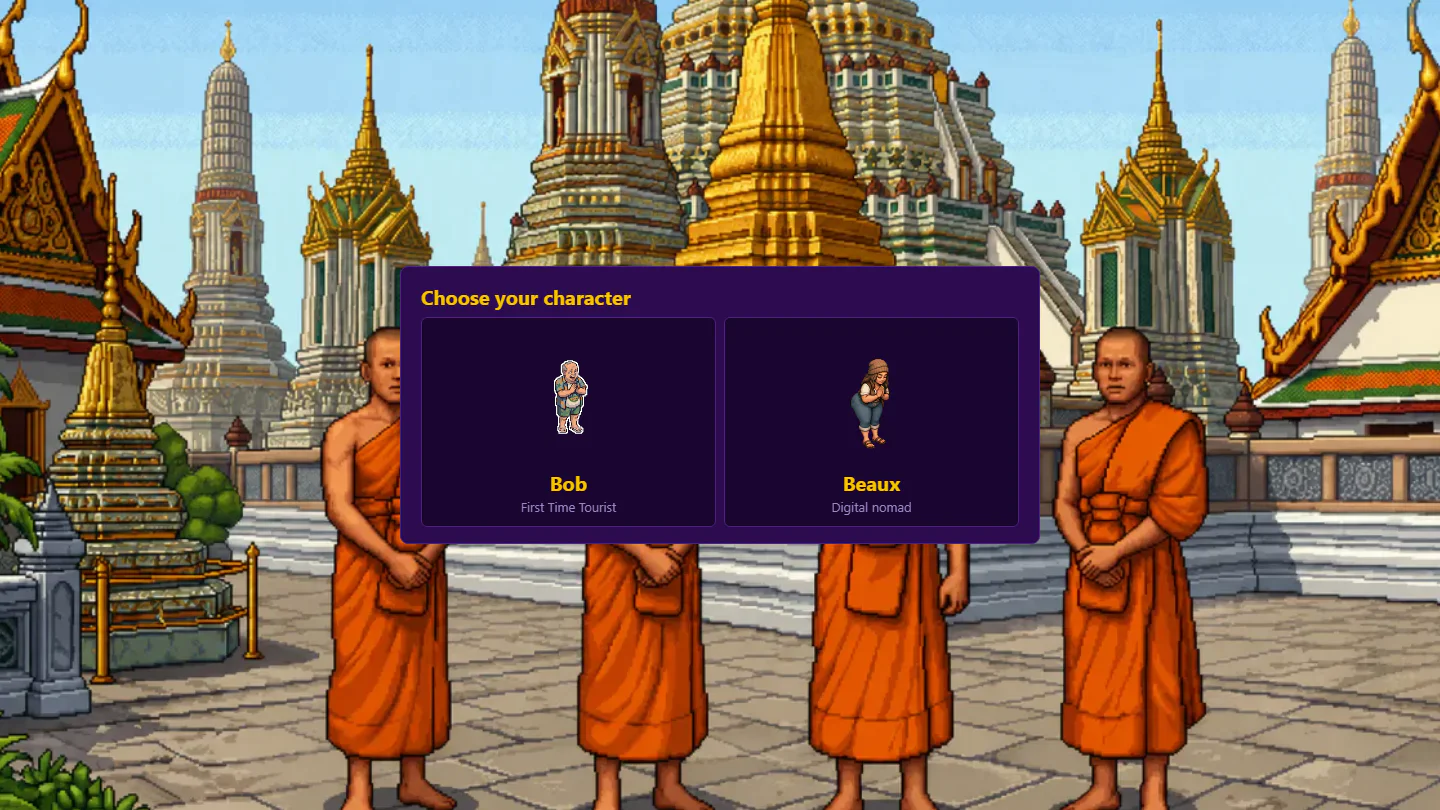 Bangkok City of Legends character selection screen at Wat Arun with the characters Bob and Beaux