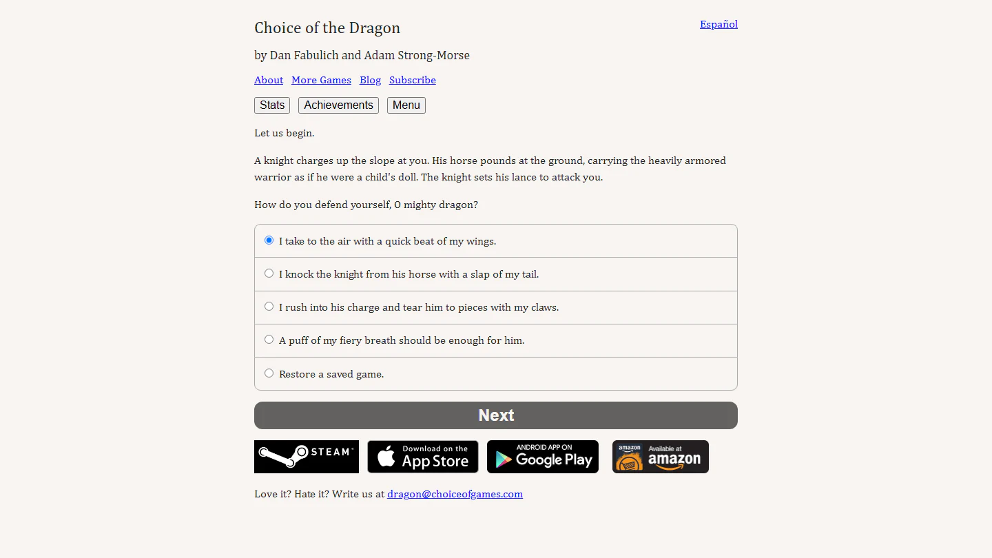 The opening choice in Choice of the Dragon asks how the dragon will defend itself from a knight