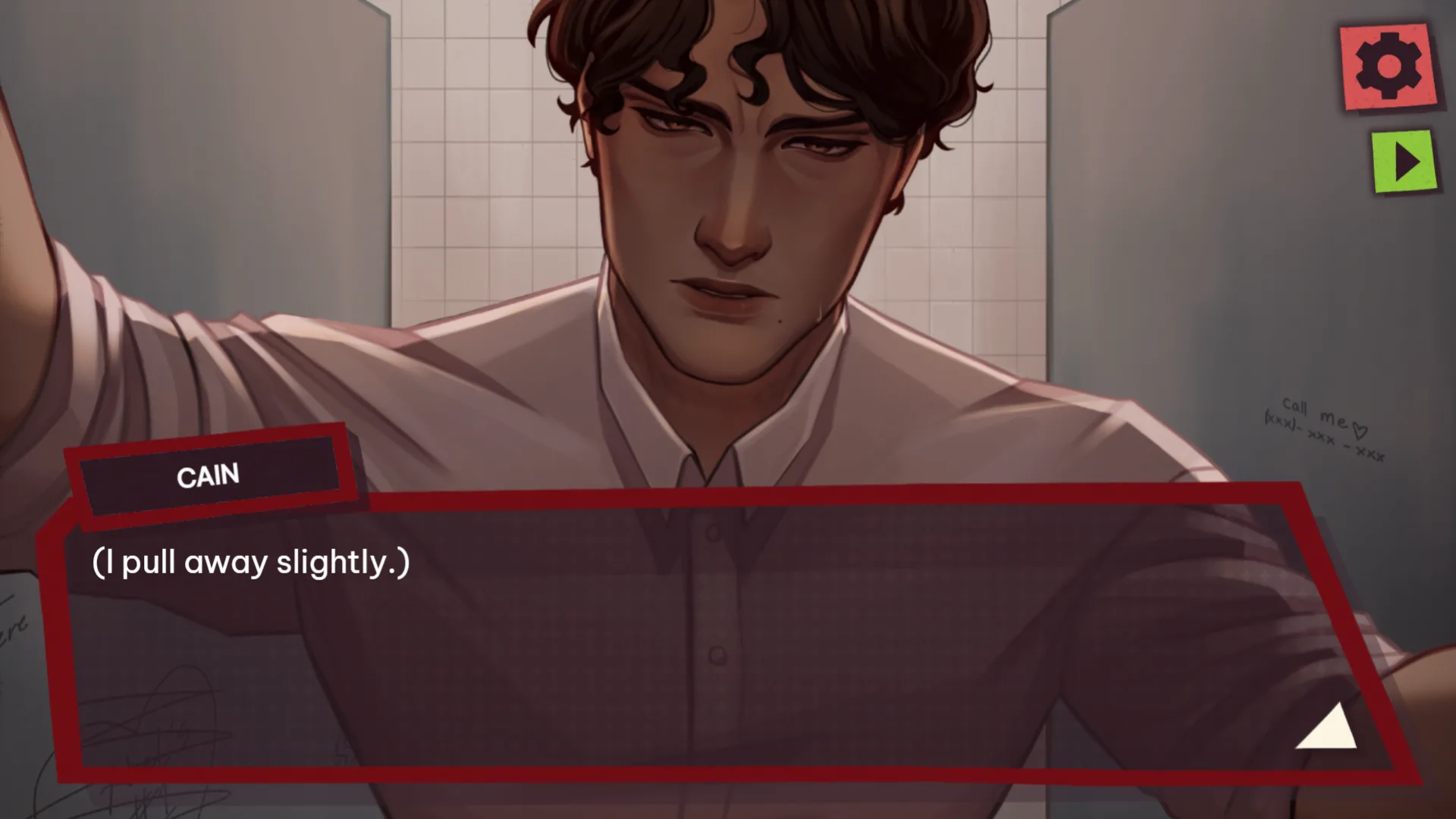 Cain leans over the player during a dialogue scene in Dating Killmulator