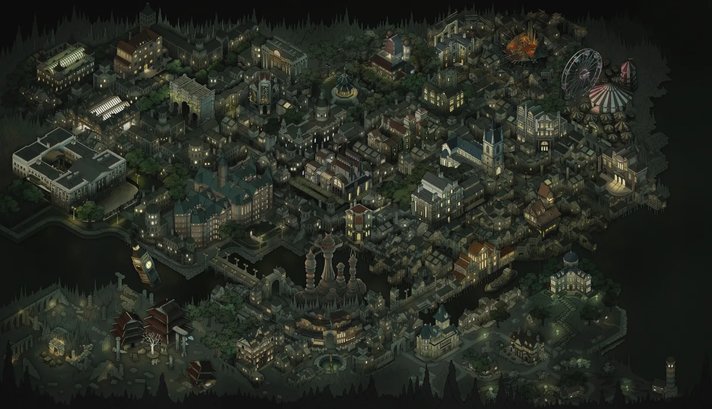 Illustrated map of underground London in Fallen London, with districts, buildings, caves and a Ferris wheel