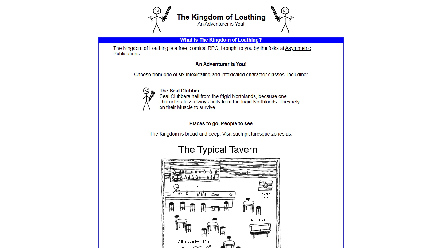 Kingdom of Loathing's official guide showing the Seal Clubber and the Typical Tavern