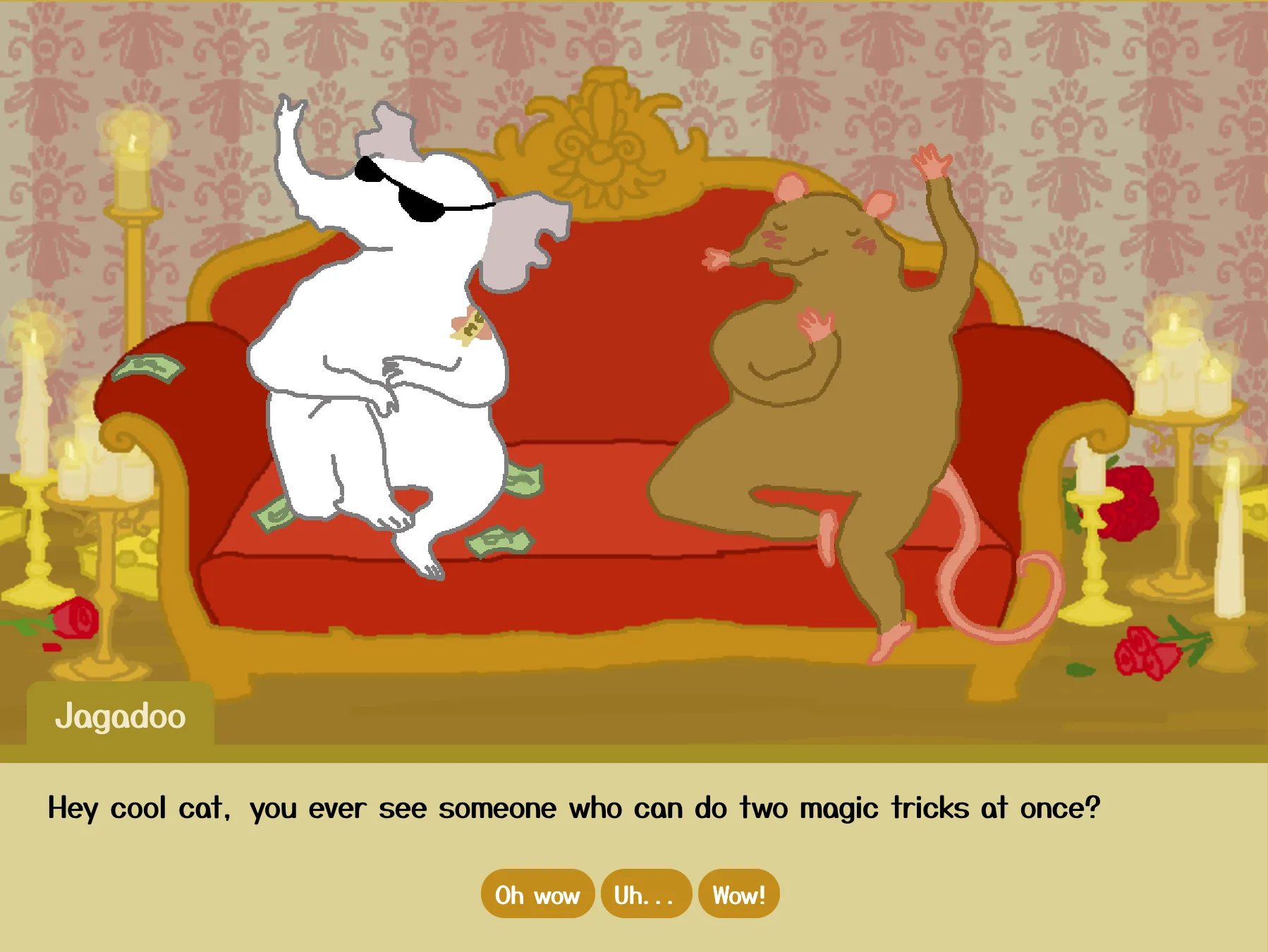 Jagadoo the elephant flirts with the player character in The Ratchelor, offering three nearly identical dialogue choices