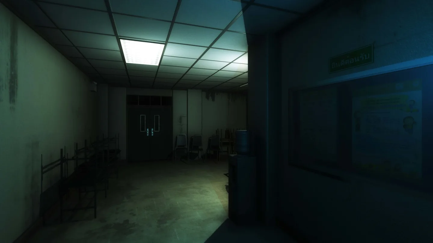 An empty hospital corridor with Thai signs in ARAYA