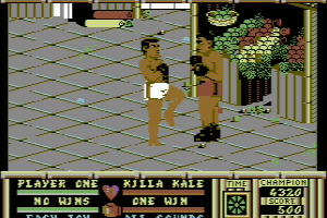 Two fighters face off beside a fruit stall in Bangkok Knights on the Commodore 64