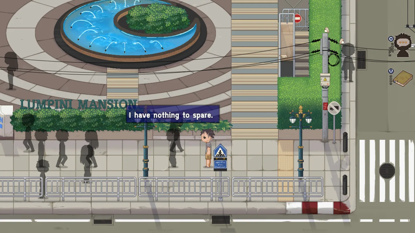 A pixel-art Bangkok street outside MBK in Bangkok Story: A Stray Dog