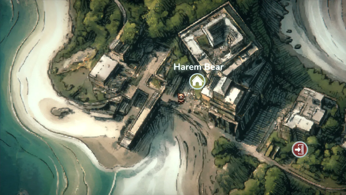 An aerial view of Harem Beach and its coastal settlement in Billy the Hero