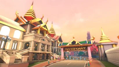 Thai-style roofs beside the starting grid of Bangkok Rush in Mario Kart 8 Deluxe