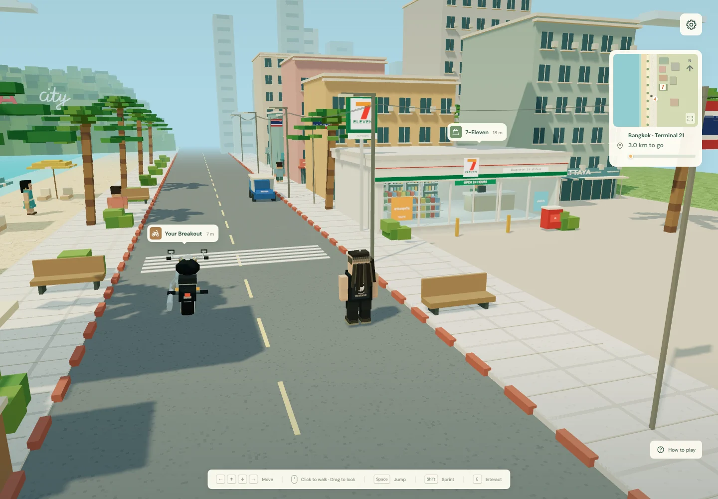 A character beside a motorbike outside a Pattaya 7-Eleven in Roland Simulator, with Terminal 21 in Bangkok marked as the destination