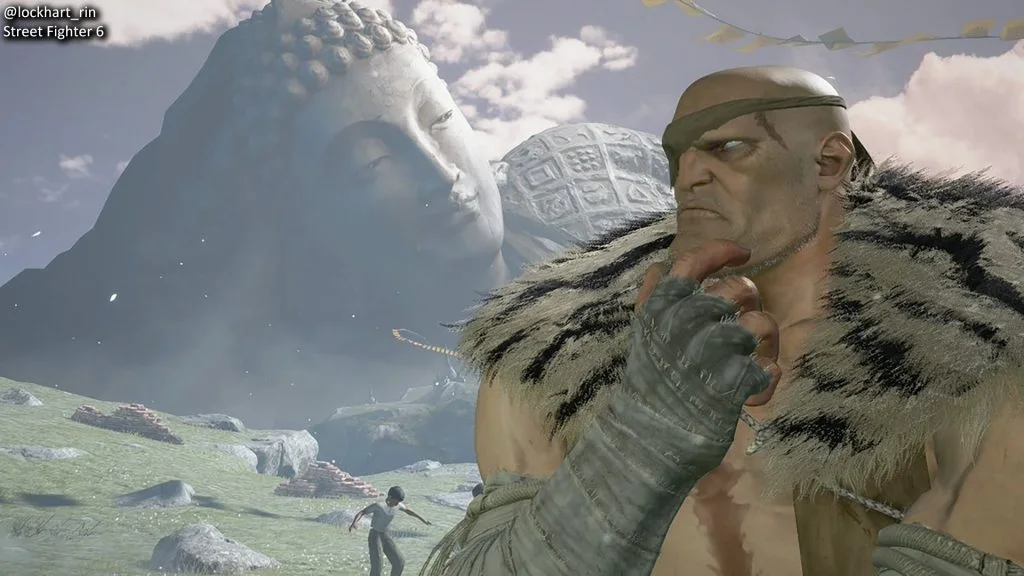 Sagat at Street Fighter 6's Proud Spire stage with a giant Buddha behind him