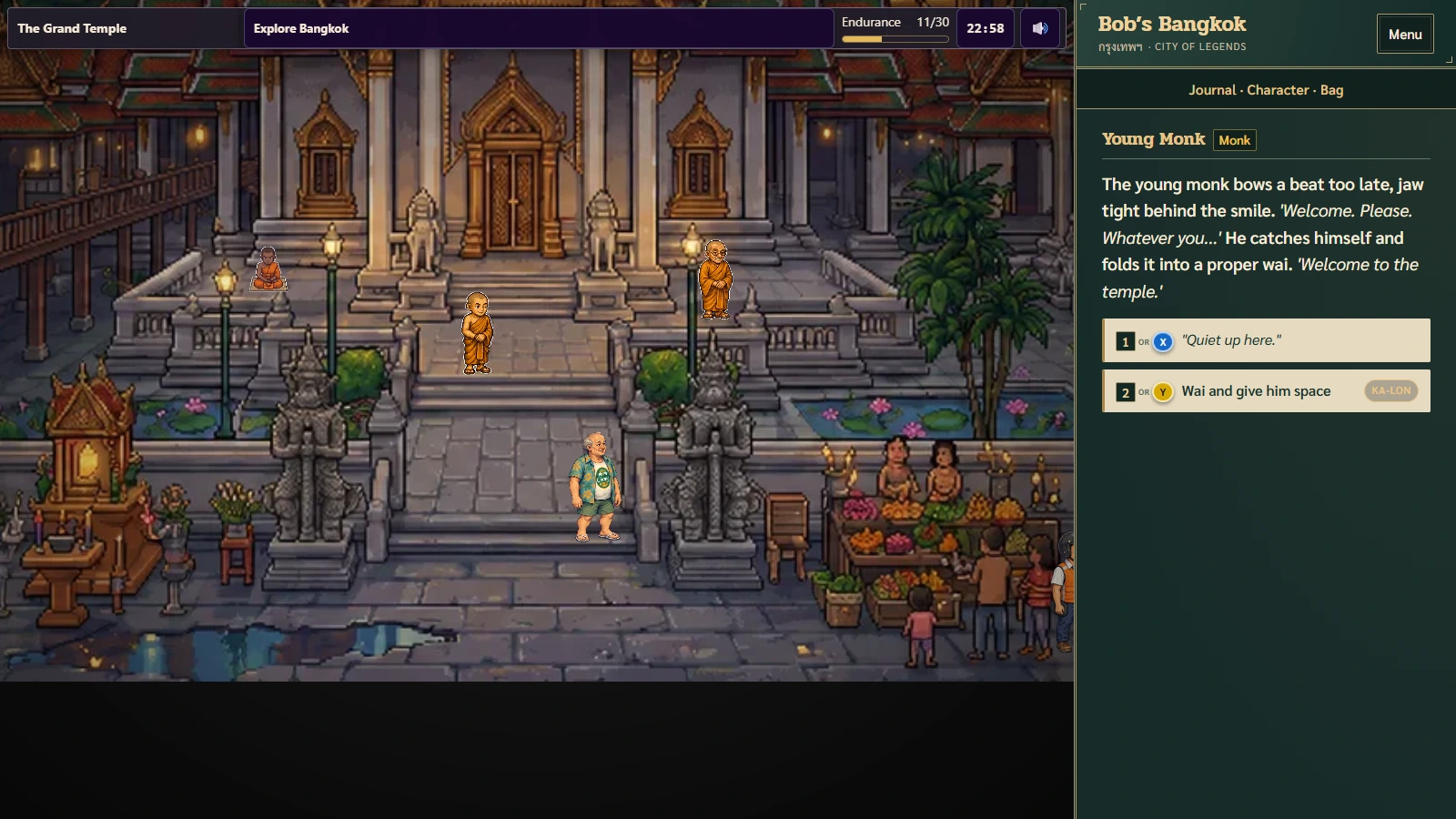 Bob speaking with a young monk at the Grand Temple, with a Ka-lon dialogue choice