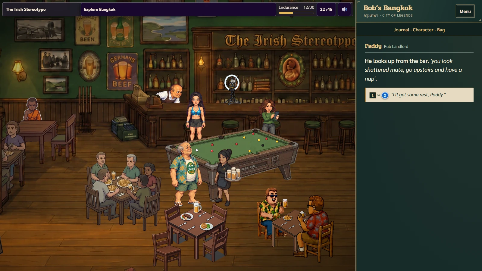 Paddy telling an exhausted Bob to rest upstairs at The Irish Stereotype pub