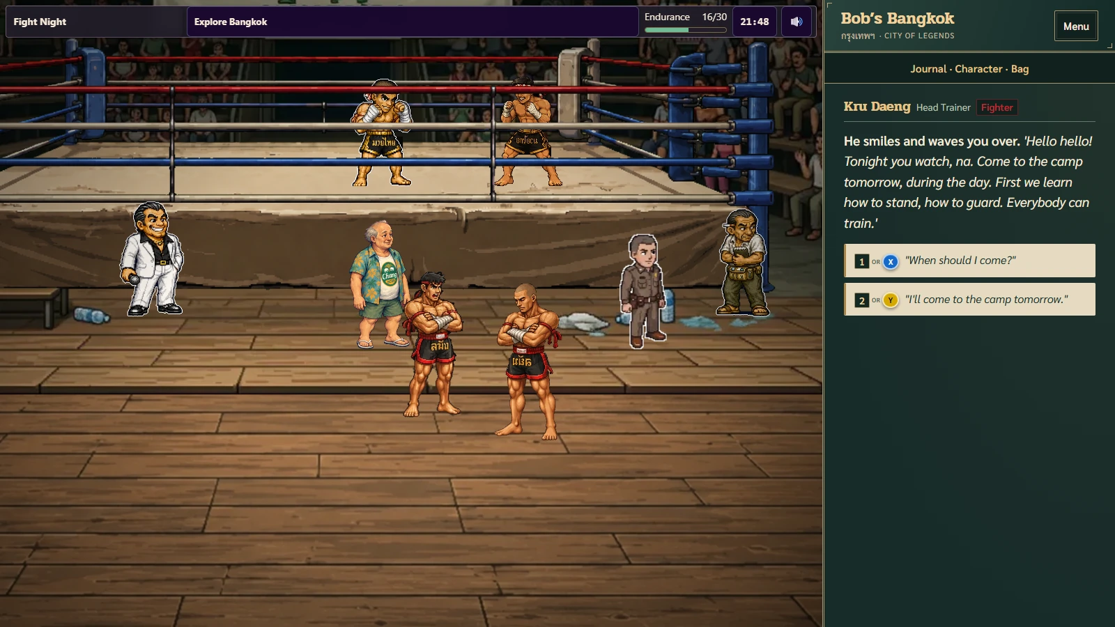 Kru Daeng inviting Bob to train while fighters spar in the ring behind them