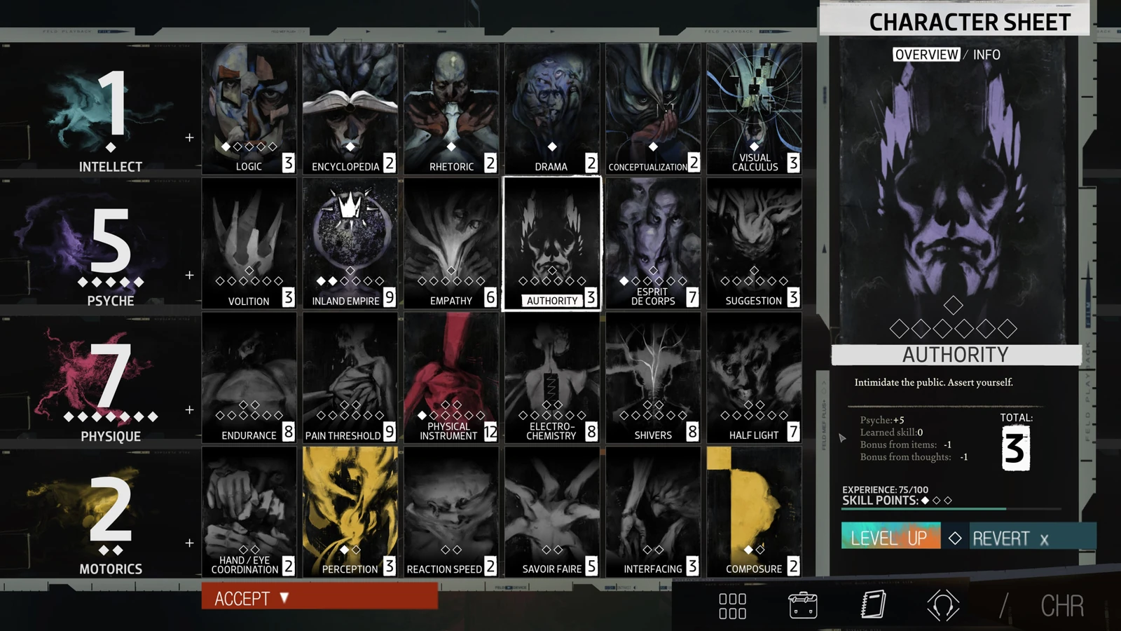 Disco Elysium character sheet showing skills, attributes and Authority