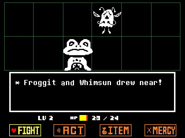Undertale encounter with Froggit and Whimsun and the Fight, Act, Item and Mercy commands