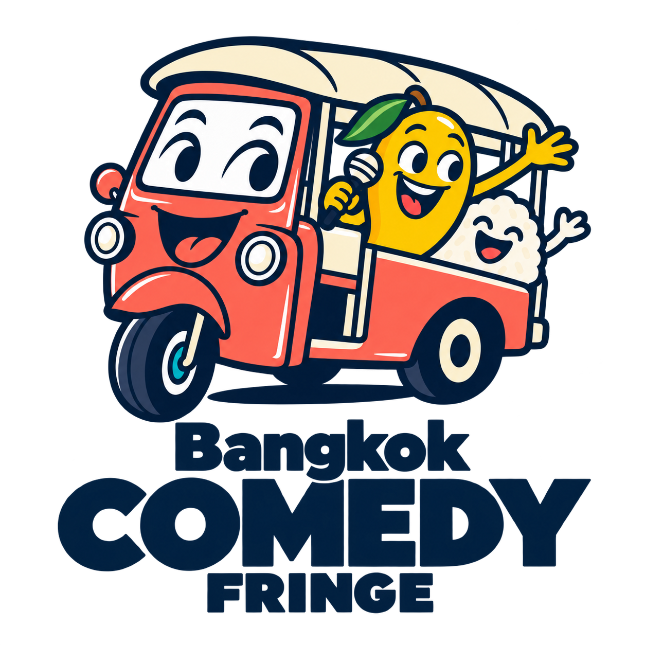 Bangkok Comedy Fringe: a smiling tuk-tuk with a mango comedian and sticky-rice passenger