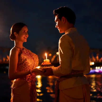 The Siam's Loy Krathong artwork of a couple holding a krathong by the river