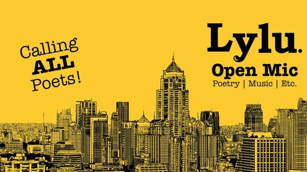 Lylu open mic artwork with a Bangkok skyline and an invitation to poets