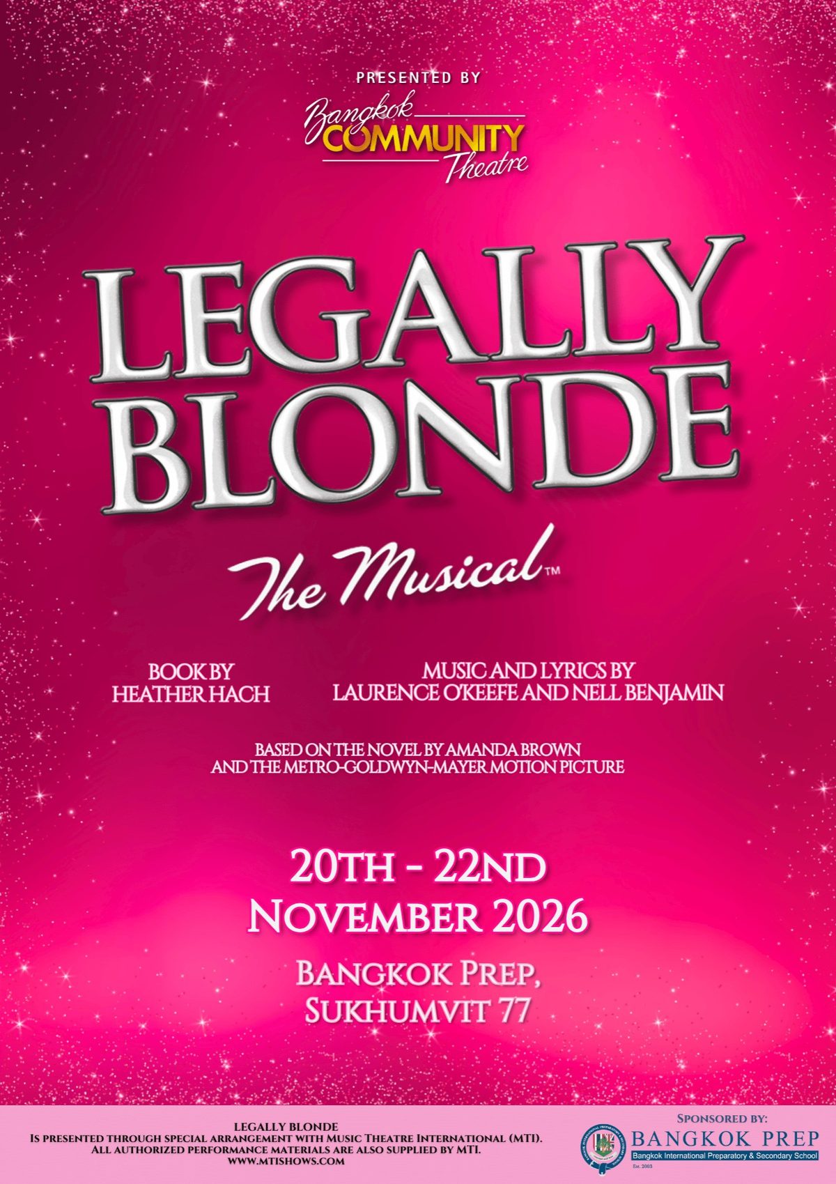 Poster for Bangkok Community Theatre’s Legally Blonde the Musical, 20 to 22 November 2026