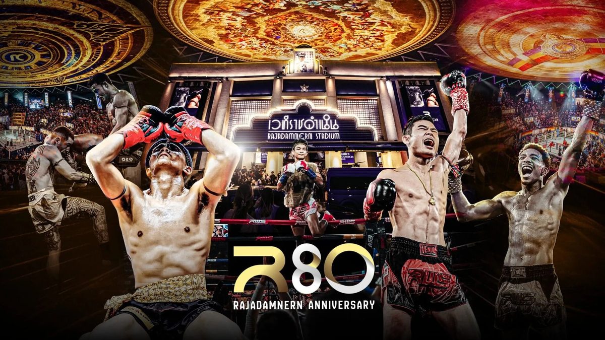 Rajadamnern Stadium’s 80th anniversary artwork with fighters in the ring