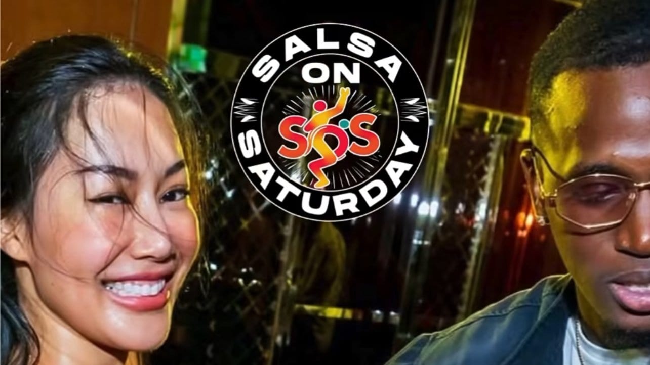 Salsa On Saturday artwork: two dancers smiling at R Bar with the night's round logo