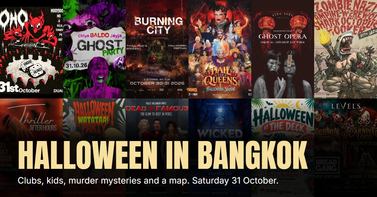 Halloween in Bangkok 2026, over a wall of this year's party posters