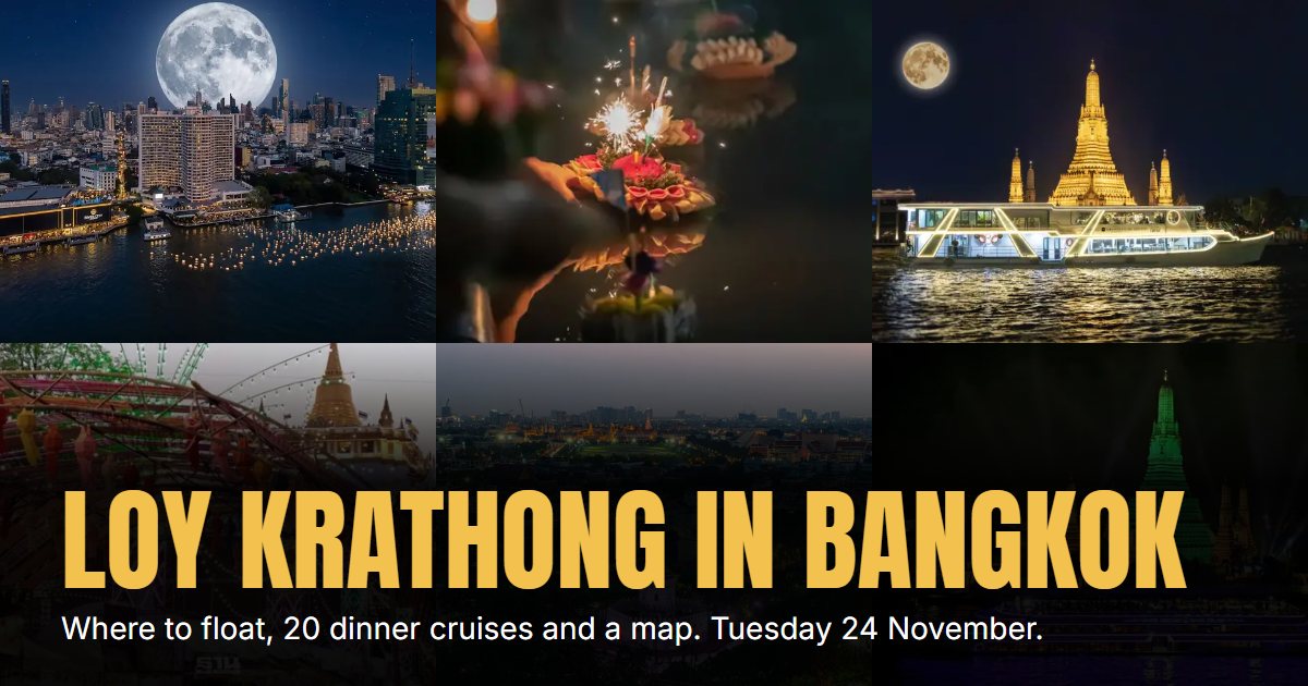 Loy Krathong in Bangkok 2026, over photographs of the river at night