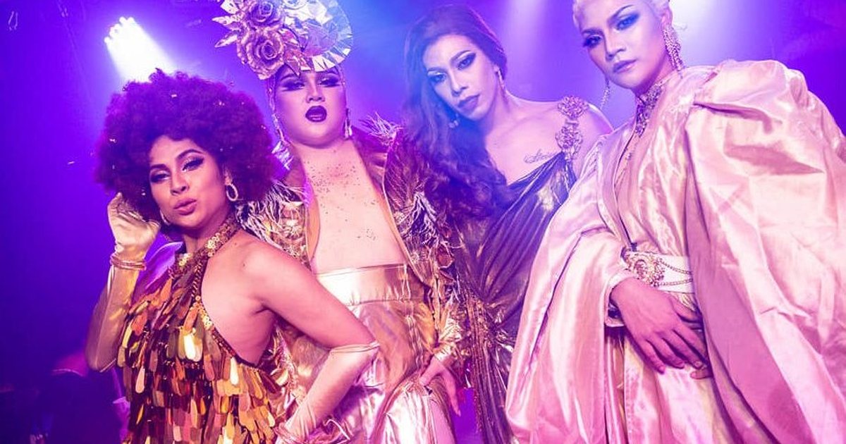 Four drag queens in sequins and headdresses at House of Heals, Chit Lom