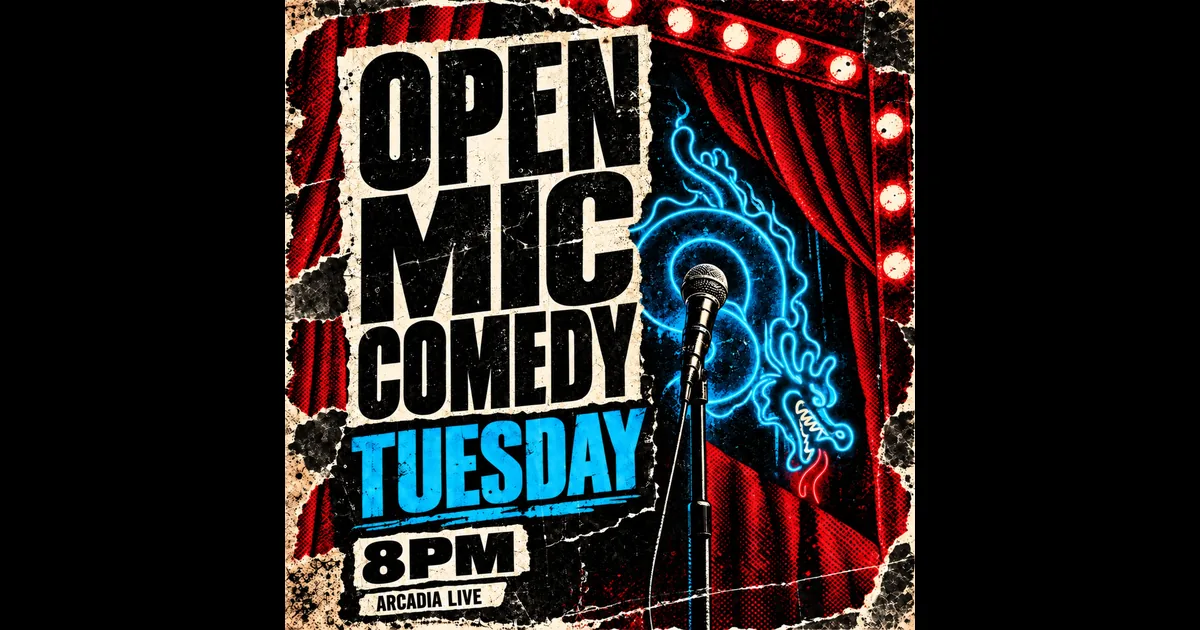 Poster for the Tuesday comedy open mic at Arcadia Live in Phra Khanong